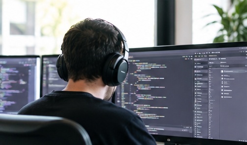 Developer werkt met koptelefoon aan code op meerdere schermen