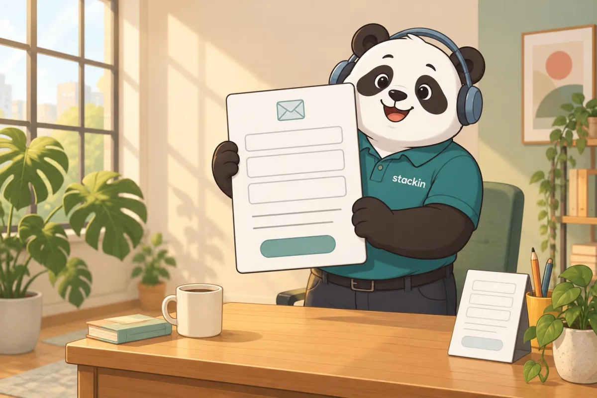 Getekende Stackin-panda die een contactformulier vasthoudt