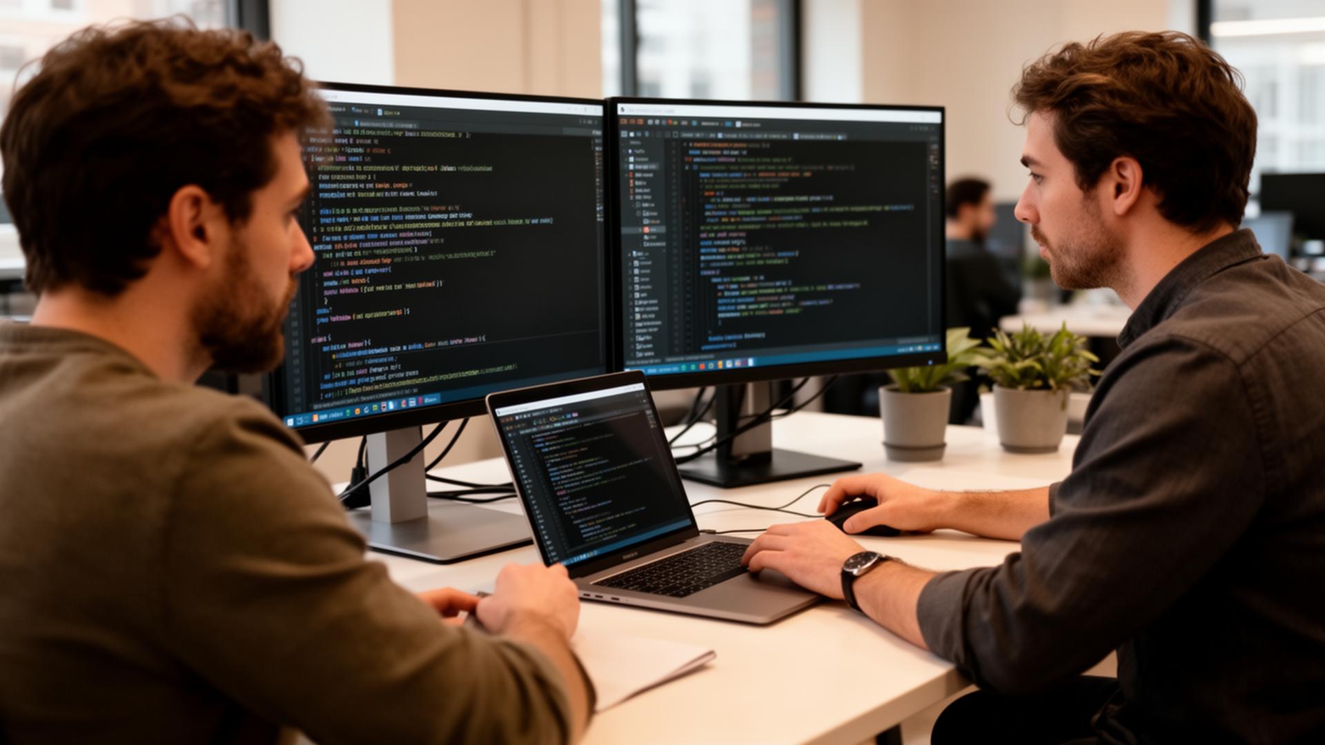 Werkplek van een developer met code op laptop en monitor