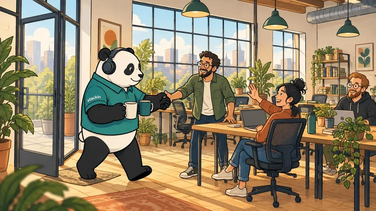 Getekende Stackin-panda die een studio binnenloopt met twee mokken en collega's begroet