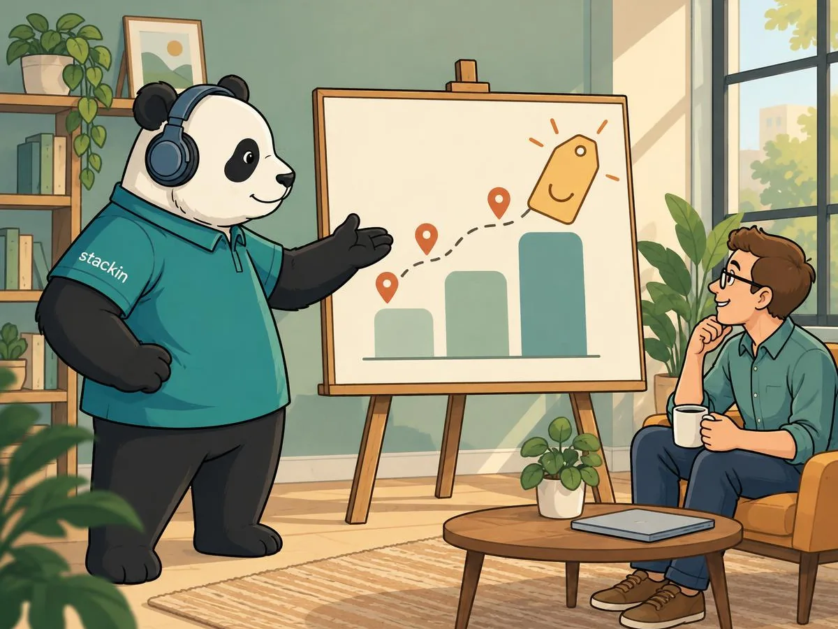 Getekende Stackin-panda die een prijsbord met stijgende kolommen toont aan een collega