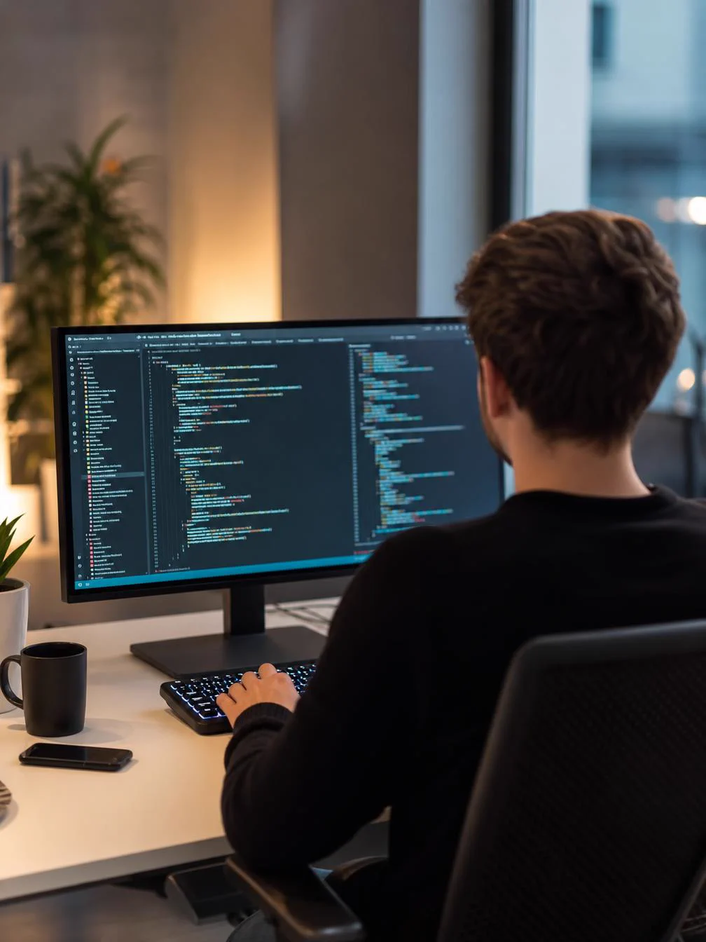Developer aan het werk op een verlicht toetsenbord