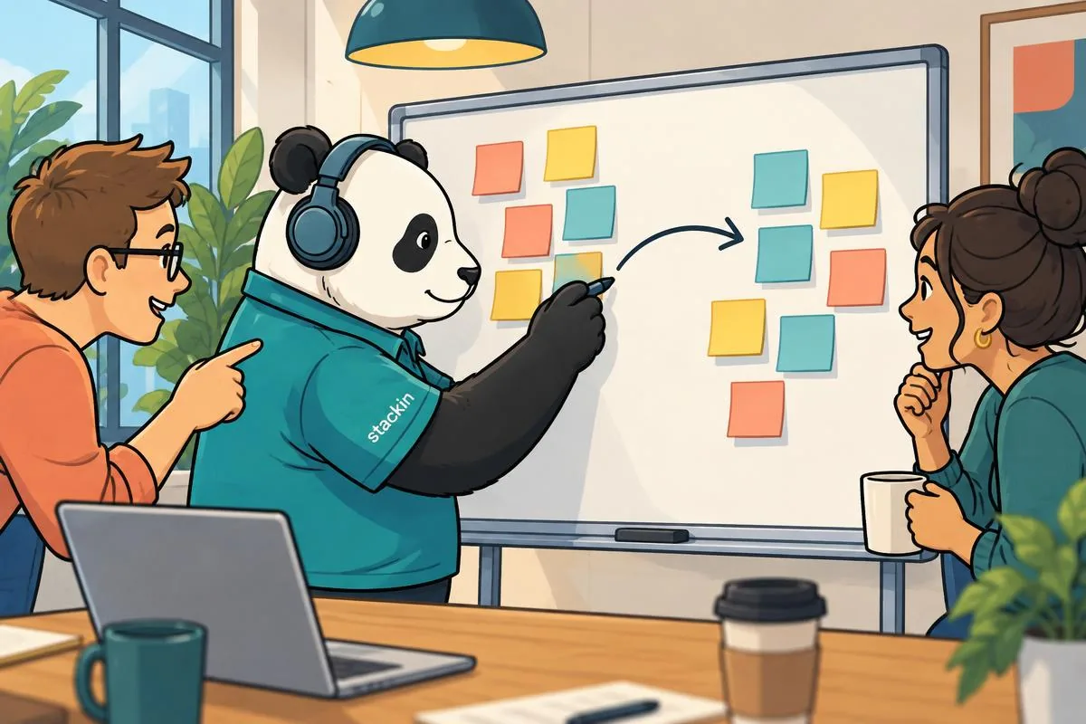 Getekende Stackin-panda die bij een whiteboard met gekleurde briefjes de planning maakt met twee collega's
